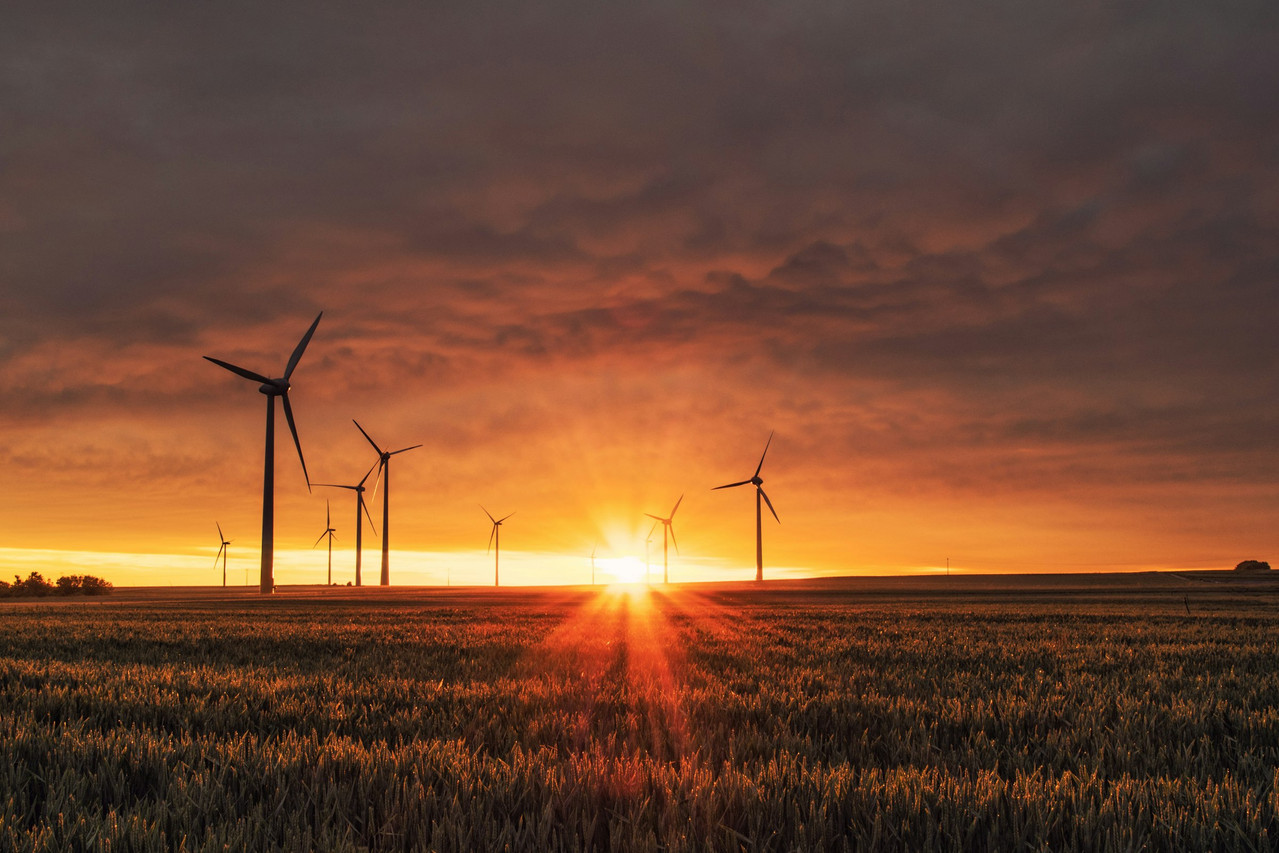 Wind turbines at sunset over a rural landscape