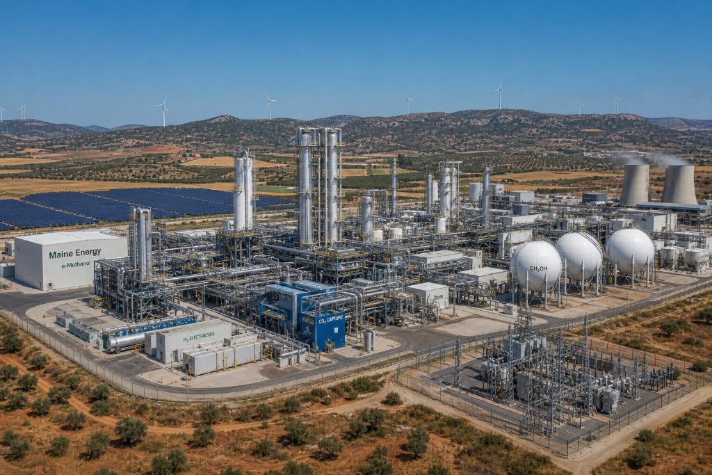 eMethanol production facility with renewable solar and wind infrastructure