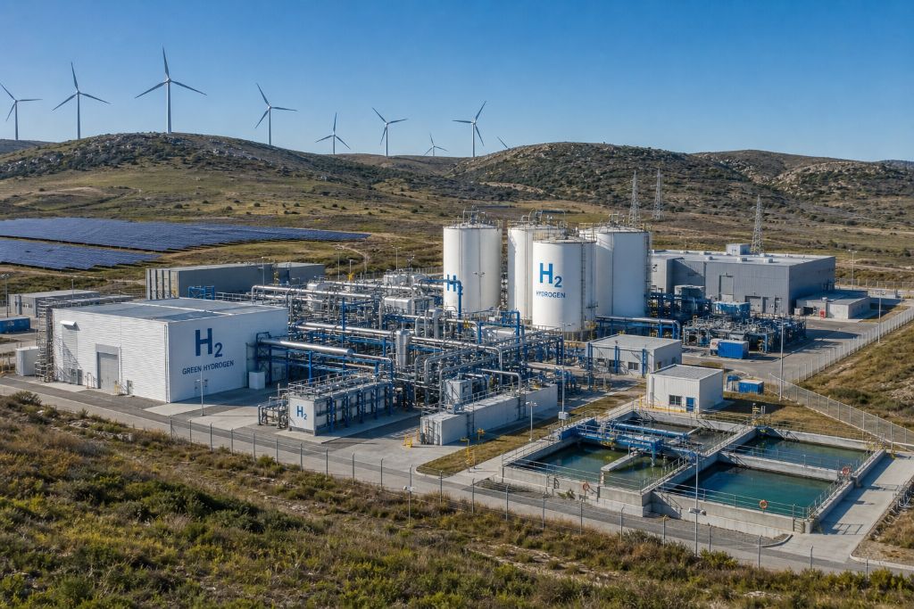 Green hydrogen plant with renewable wind and solar infrastructure