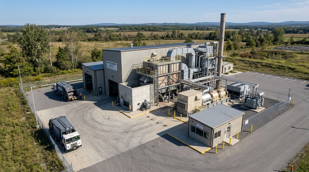 Waste-to-energy facility processing waste into clean power and heat
